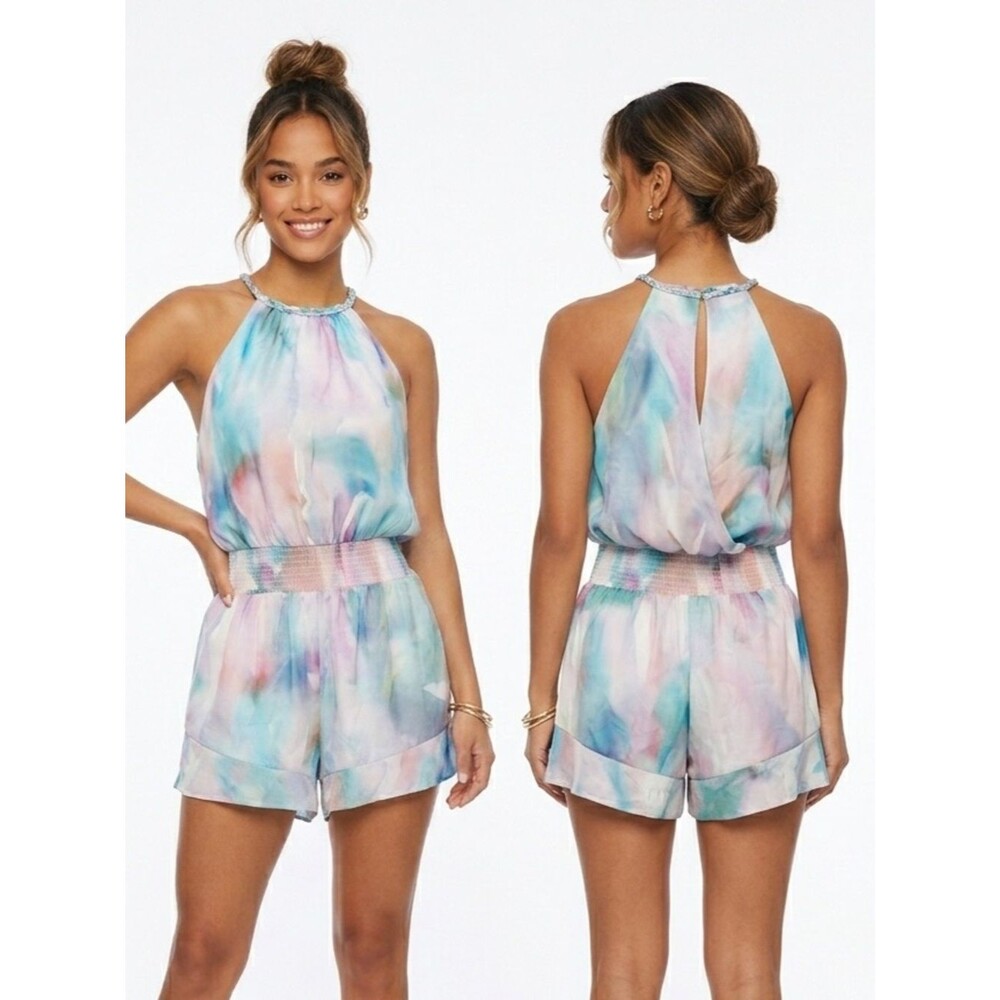 Parker NY Silk Blend Watercolor Halter Romper Smocked Waist Pastel Size Medium
